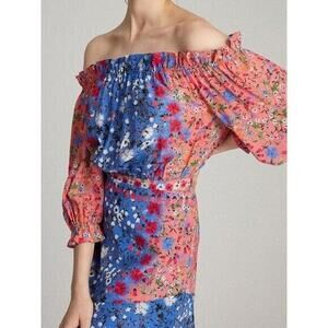 SALONI Blue Pink Grace in Foxglove Meadow Print 100% Silk Dress Size 2